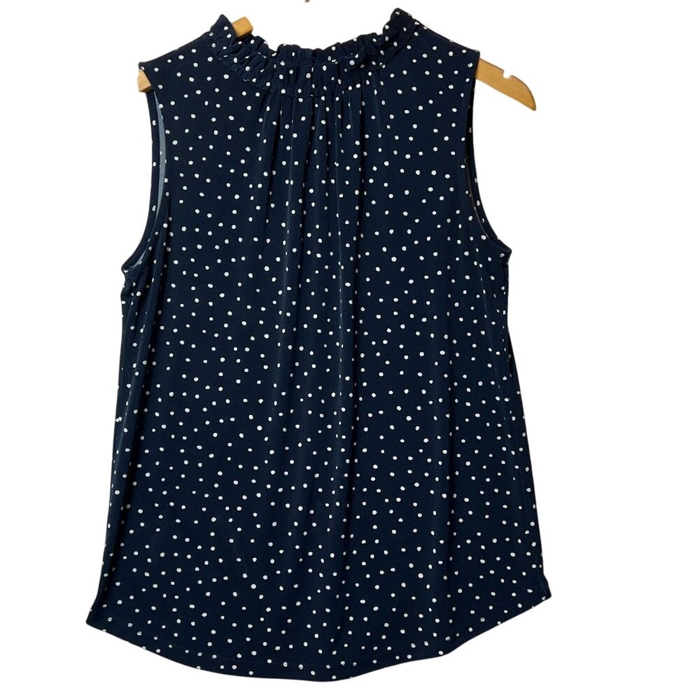 Ann Taylor Factory Navy Polka Dot Sleeveless Blouse With Ruffle Neckline - Size